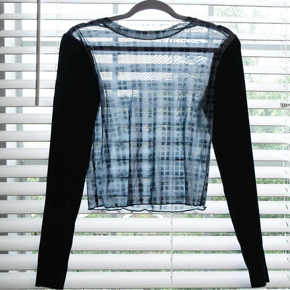 Plaid Mesh Blouse Knit Sleeves Mock Neck